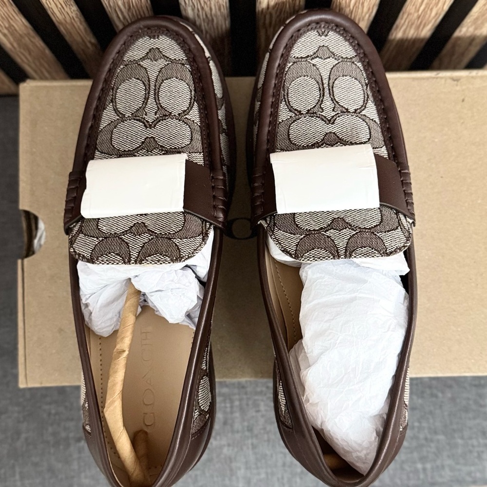 Coach Brown & Cream Canvas Logo Penny Loafers